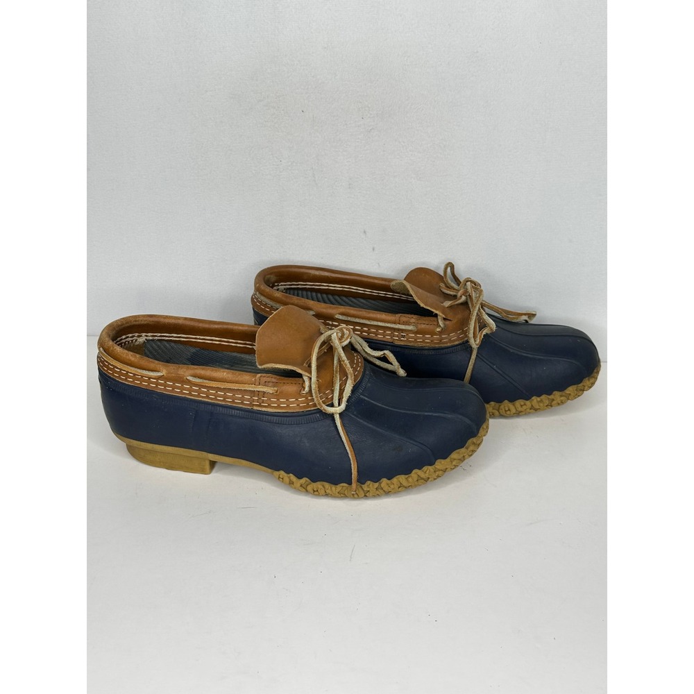 LL Bean Boots Men's Rubber Moc Duck Shoes Navy Blue Tan Leather Low Top Sz 10W